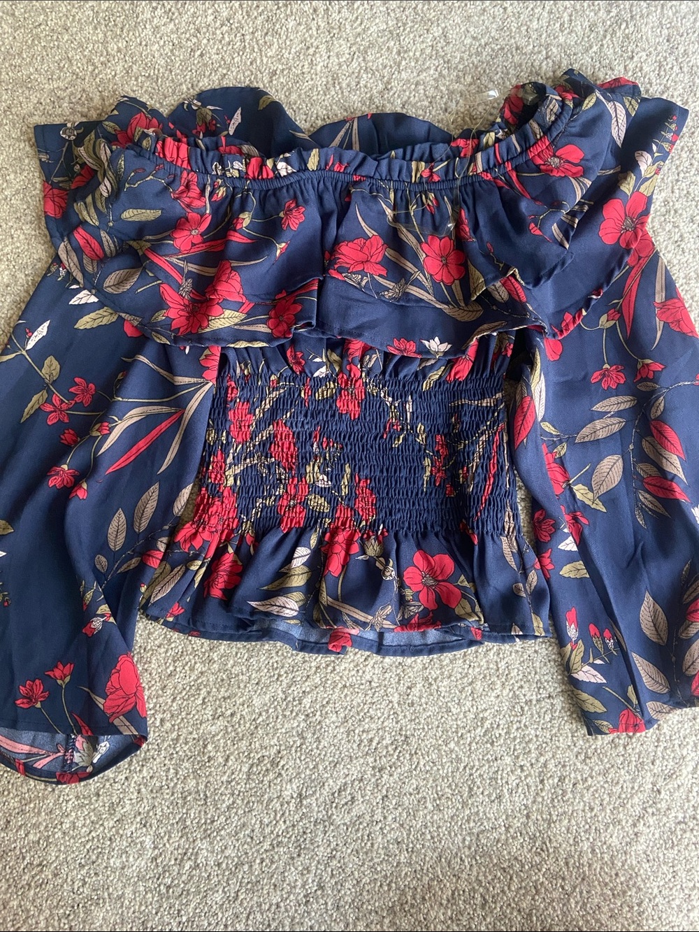 Chelsea & Violet Navy Off-Shoulder Floral Blouse with Red Detail